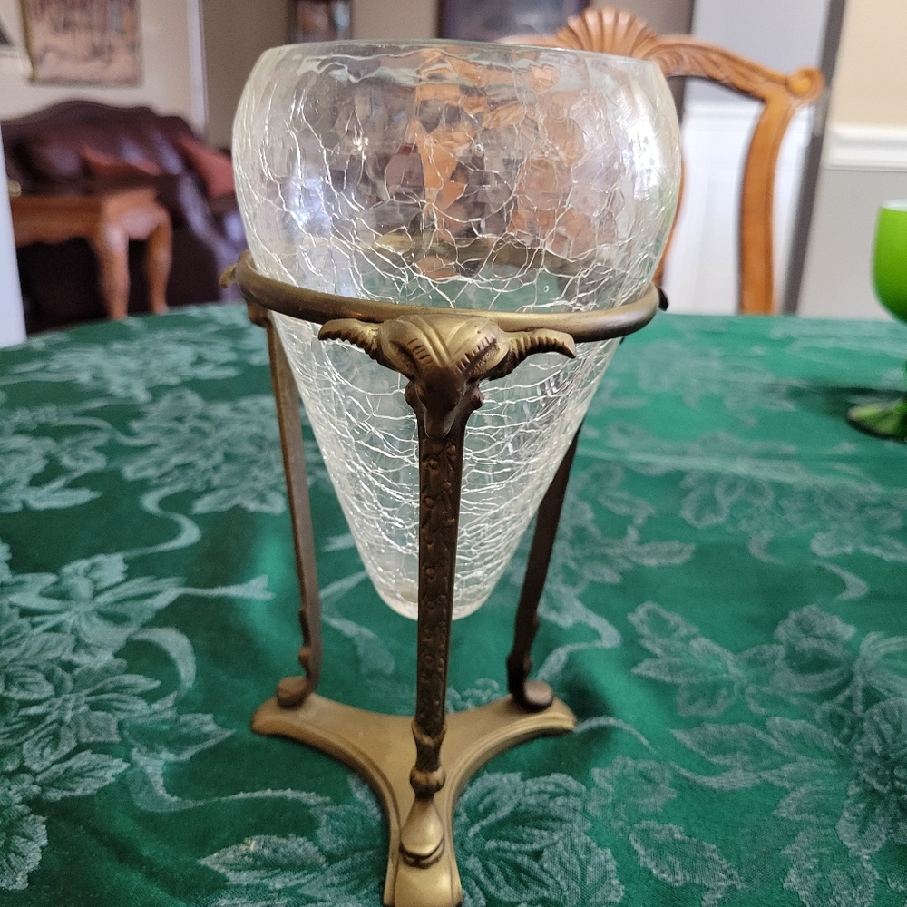 Elegant Crackle Glass Vase with Brass Stand With Rams Heads